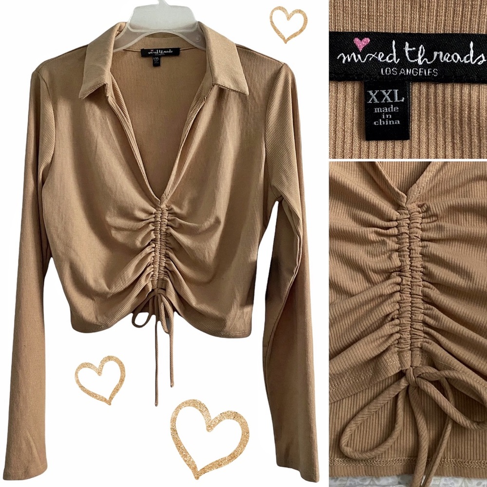 Mixed Threads ribbed long sleeve scrunch top w/ collar, camel tan